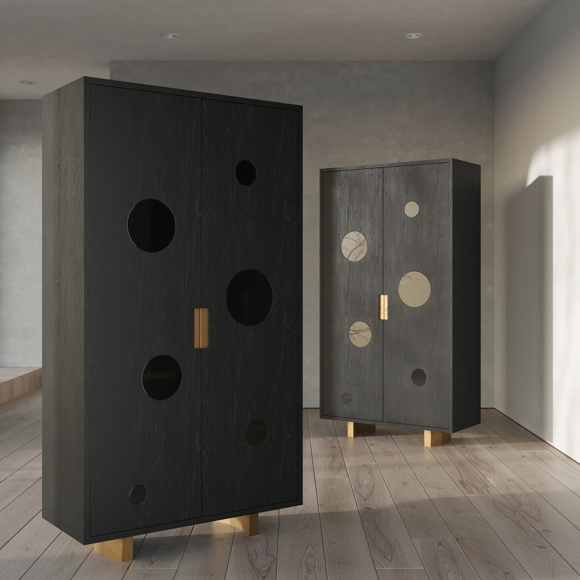 Bombay Design Lab — Noir Bar Cabinet in dark stained oak with brass and smoked glass